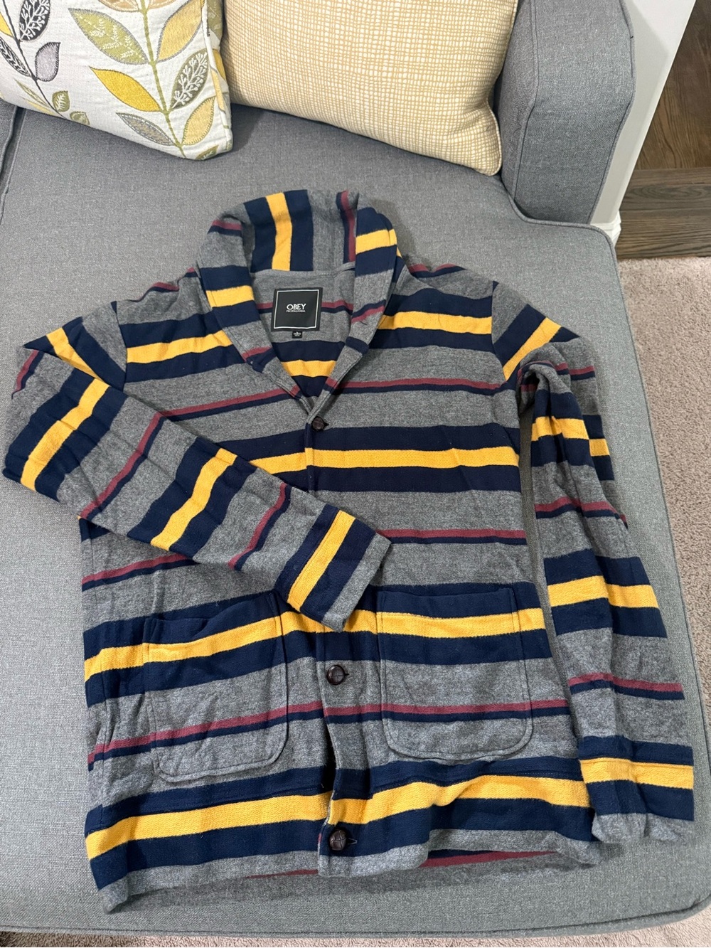 Obey Gray Striped Cardigan with Navy, Yellow & Burgundy Accents